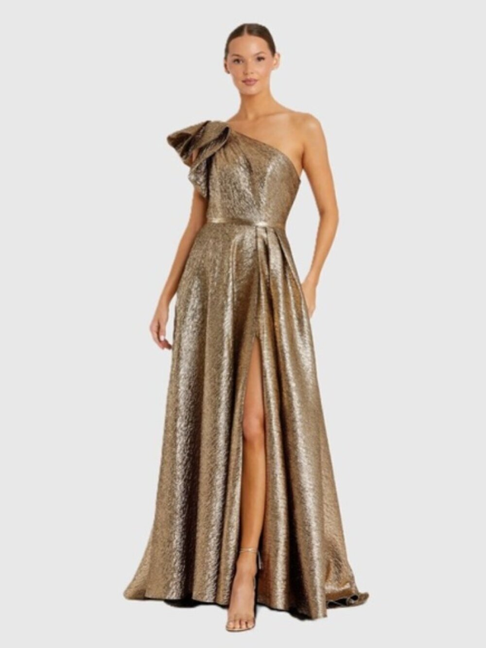 Mac Duggal 68608 Gold One Shoulder Metallic Ballgown Size 6 NWT